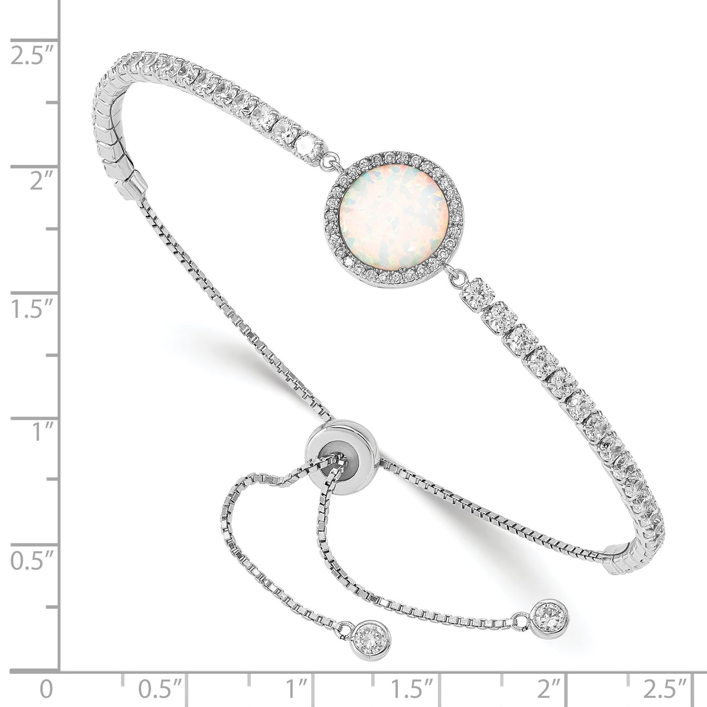 Sterling Silver RH-plated Created Opal and CZ Adjustable Bracelet