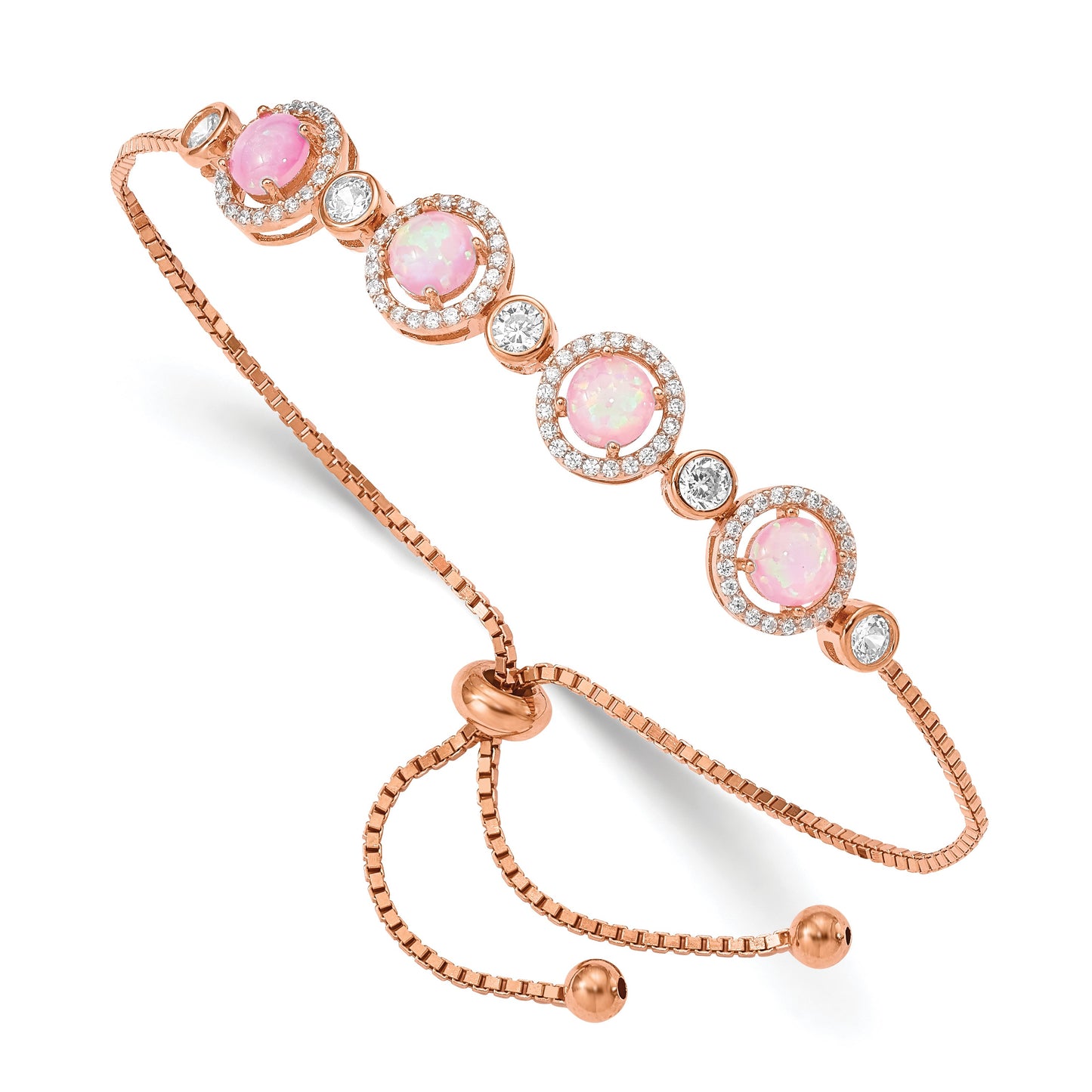 Sterling Silver Rose-plated Created Opal and CZ Adjustable Bracelet