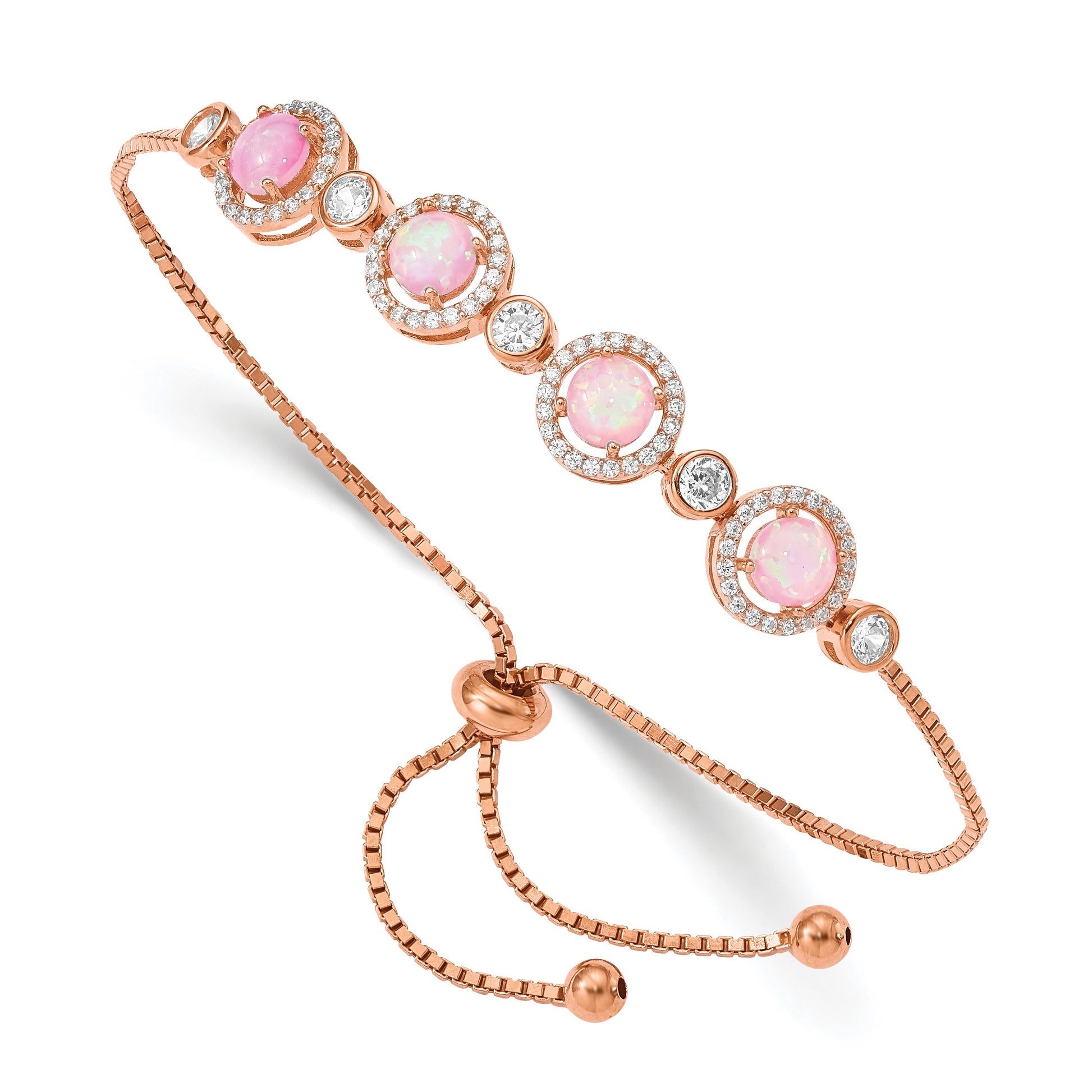 Sterling Silver Rose-plated Created Opal and CZ Adjustable Bracelet