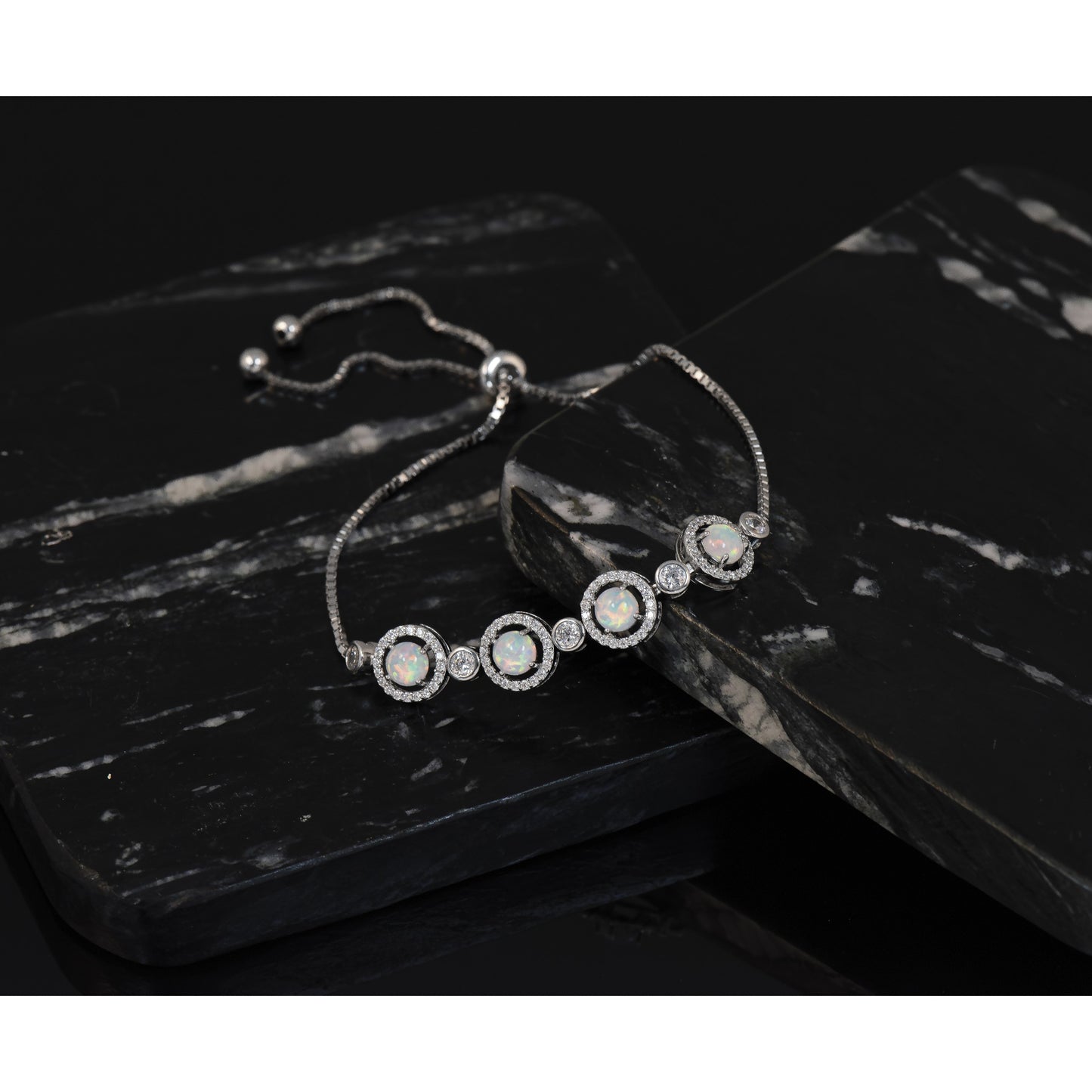 Sterling Silver RH-plated Created Opal and CZ Adjustable Bracelet