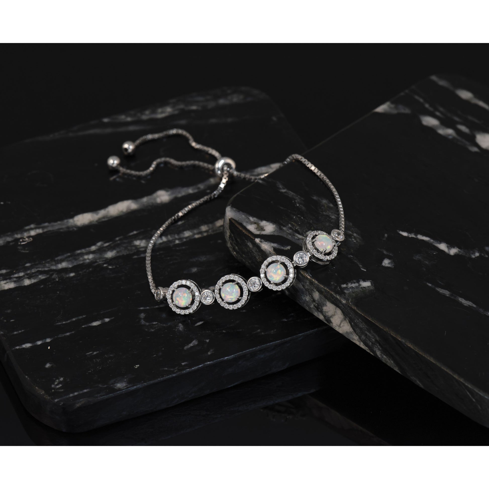 Sterling Silver RH-plated Created Opal and CZ Adjustable Bracelet