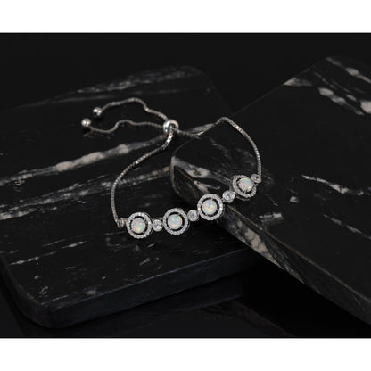 Sterling Silver RH-plated Created Opal and CZ Adjustable Bracelet
