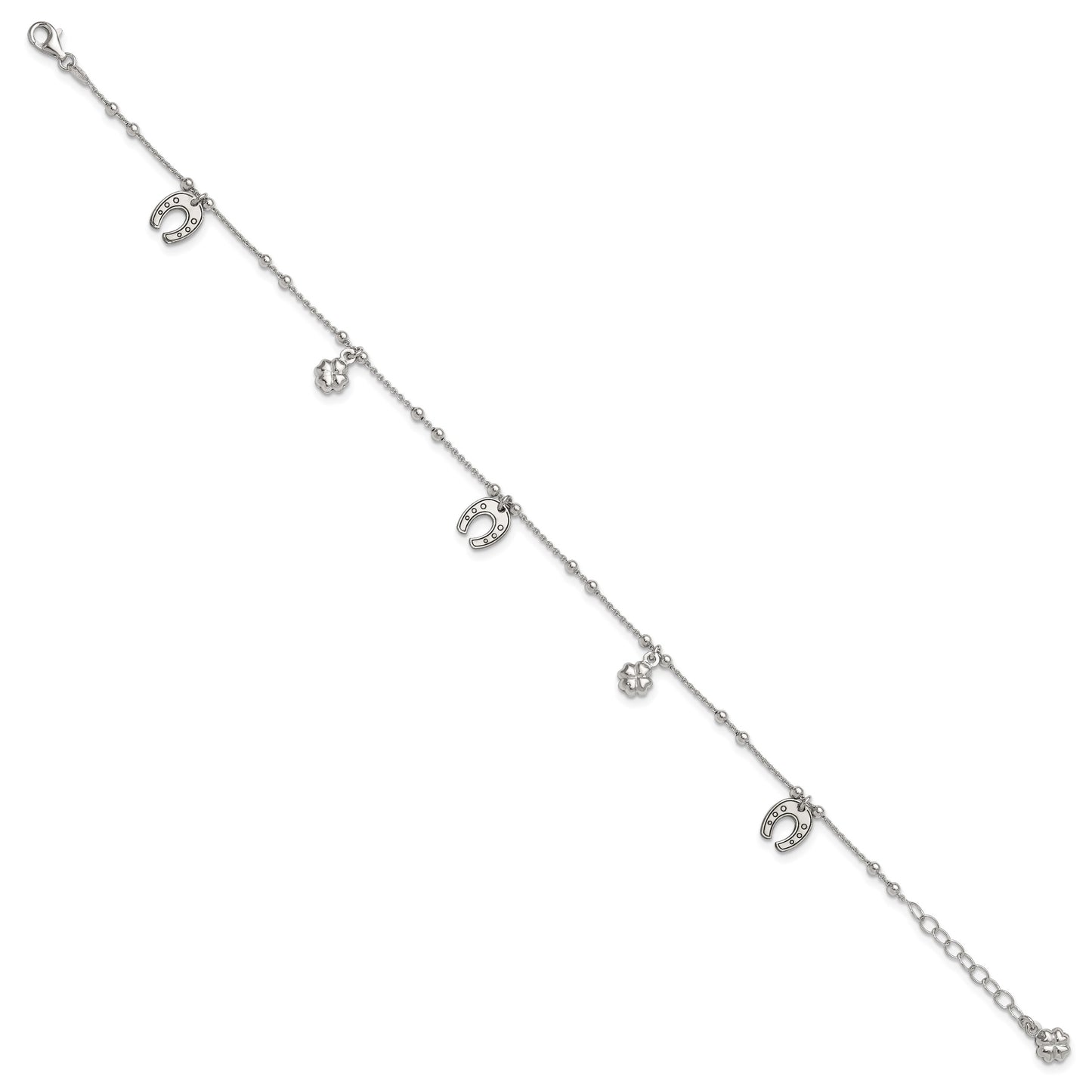 Sterling Silver Rhodium-plated Clover/Horseshoe 9 inch Plus 1 inch Extender - Total 10 inch Anklet