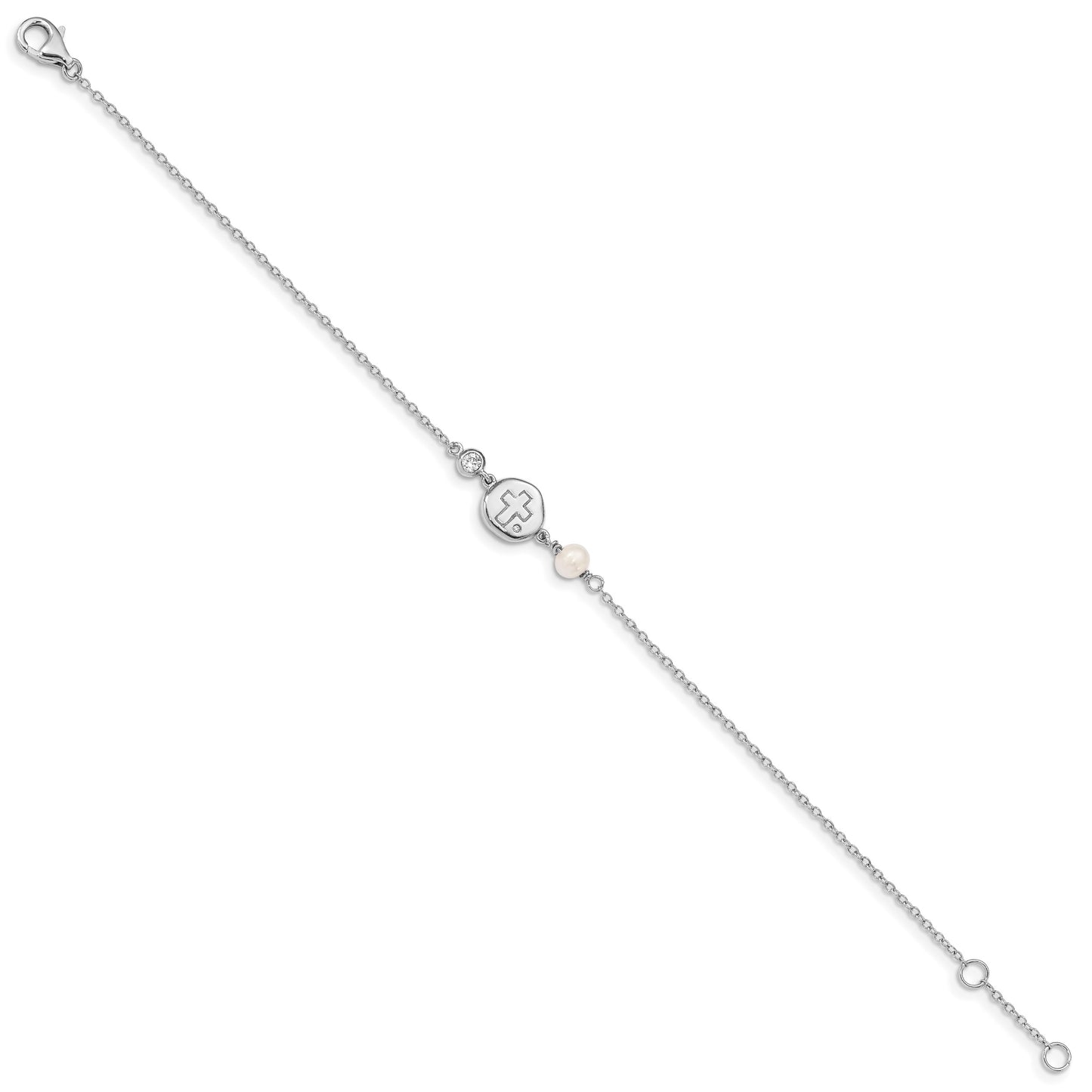 Sterling Silver RH-plated CZ/Cross/FWC Pearl w/0.5in ext Bracelet