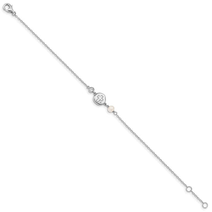 Sterling Silver RH-plated CZ/Cross/FWC Pearl w/0.5in ext Bracelet