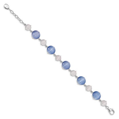 Sterling Silver RH-plated Created Blue Cats Eye w/ 1in ext Bracelet