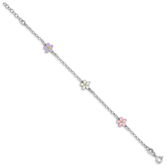 Sterling Silver RH-plated Enameled Flower w/ .75in Ext. Children's Bracelet