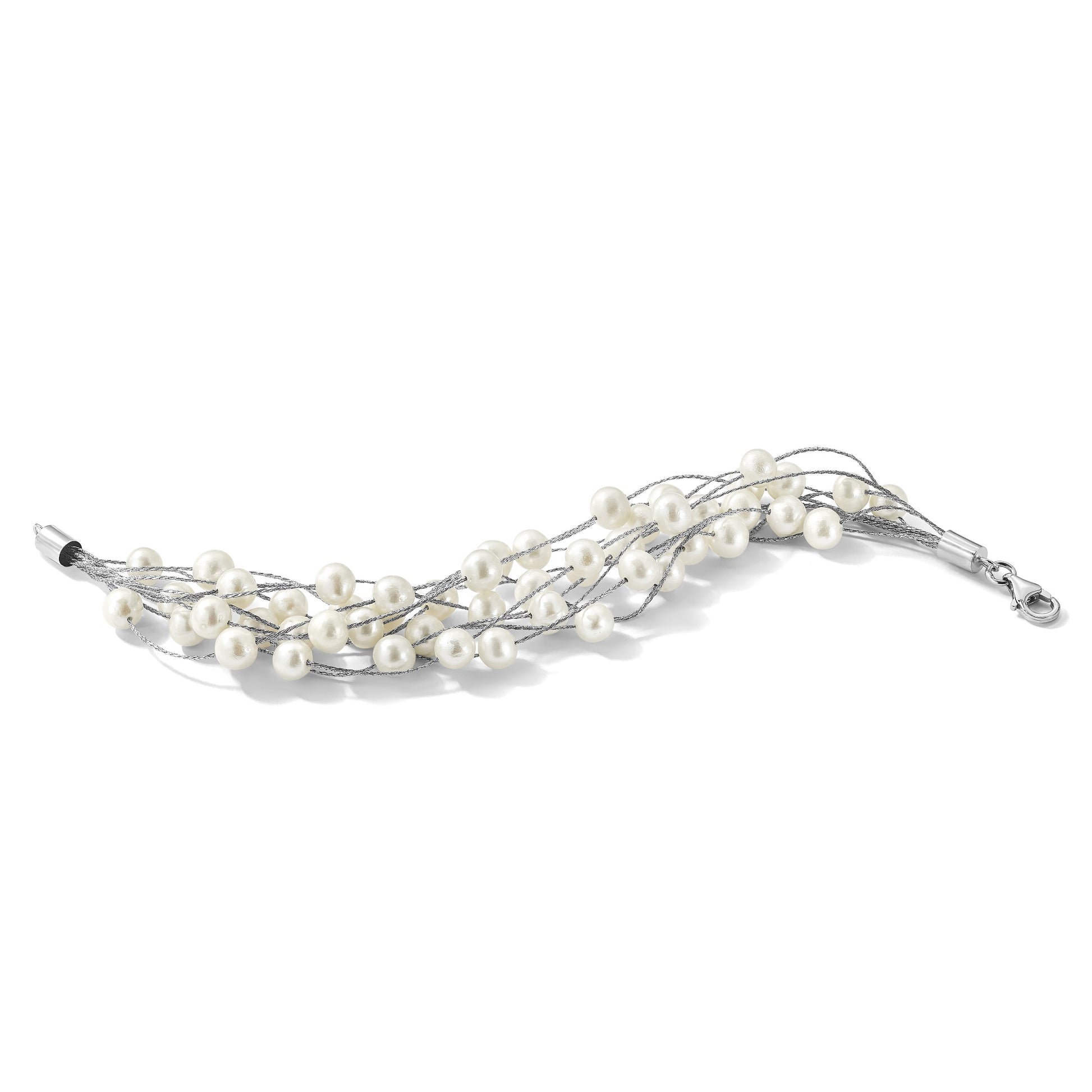 Sterling Silver Rhodium-plated 5-6mm White Semi-Round Freshwater Cultured Pearl Multi Strand 7.25 inch Bracelet