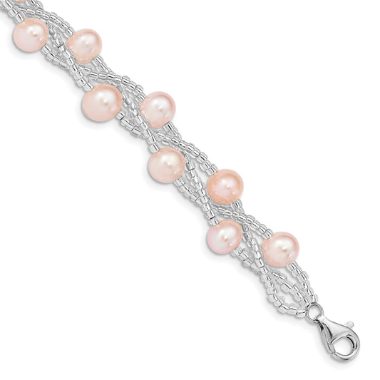 Sterling Silver Rhodium-plated 7-9mm Pink Semi-Round Freshwater Cultured Pearl and Glass Beaded 7.5 inch Bracelet