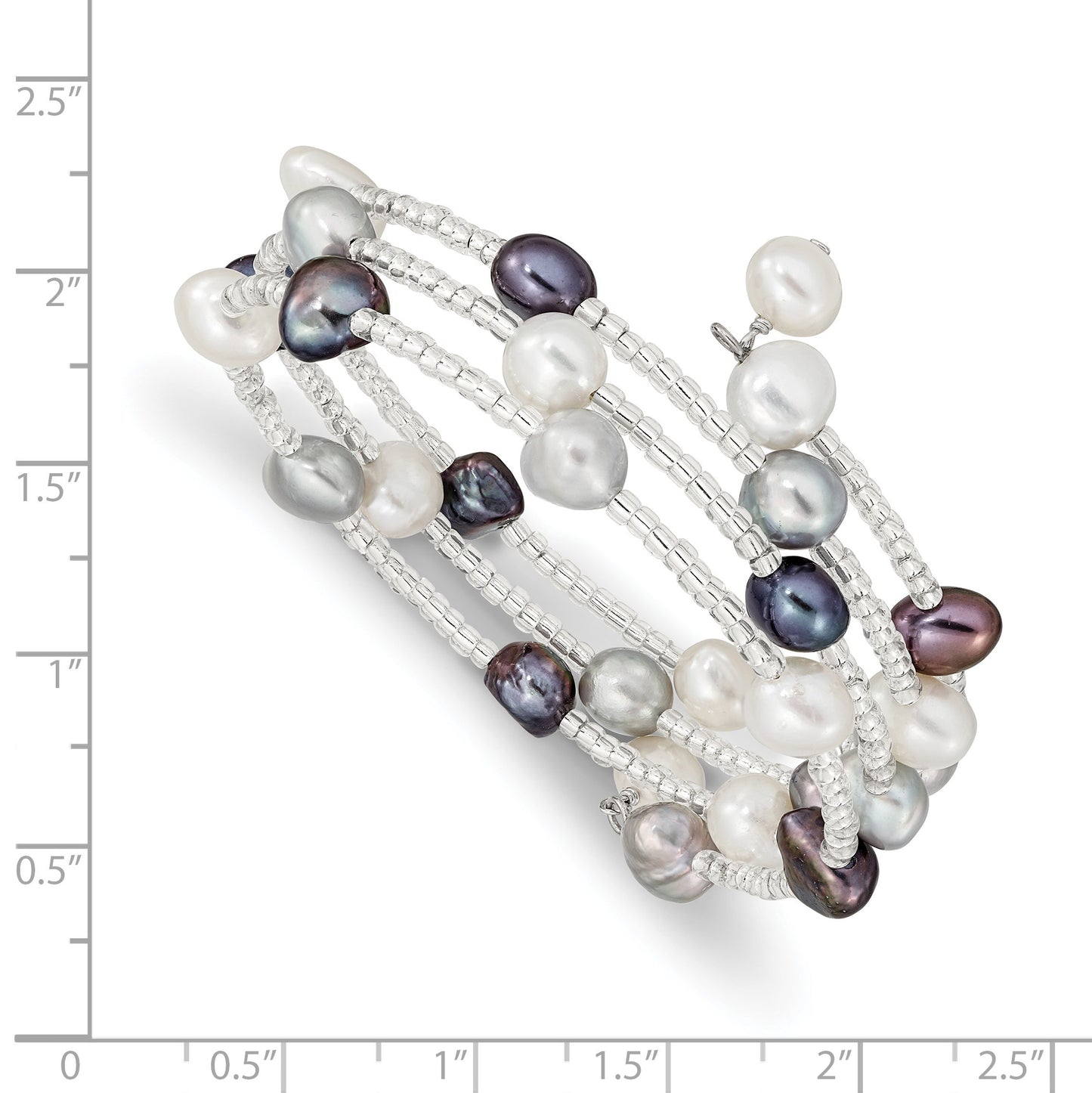7-8mm Black, Grey and White Baroque Freshwater Cultured Pearl and Glass Beaded 3-row Warp Bracelet