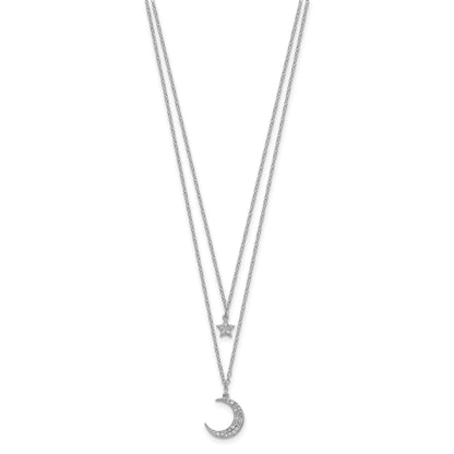 Sterling Silver Rhod-pltd CZ Star and Moon 2in ext 2-strand Necklace