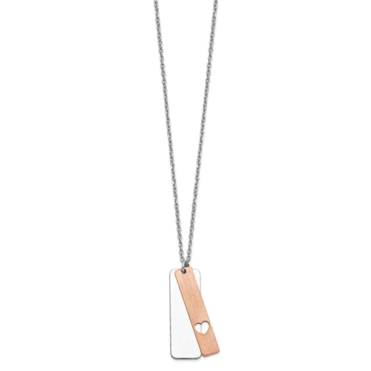 Sterling Silver RH-plated Dogtag w/Rose-tone Heart w/1.25in ext Necklace