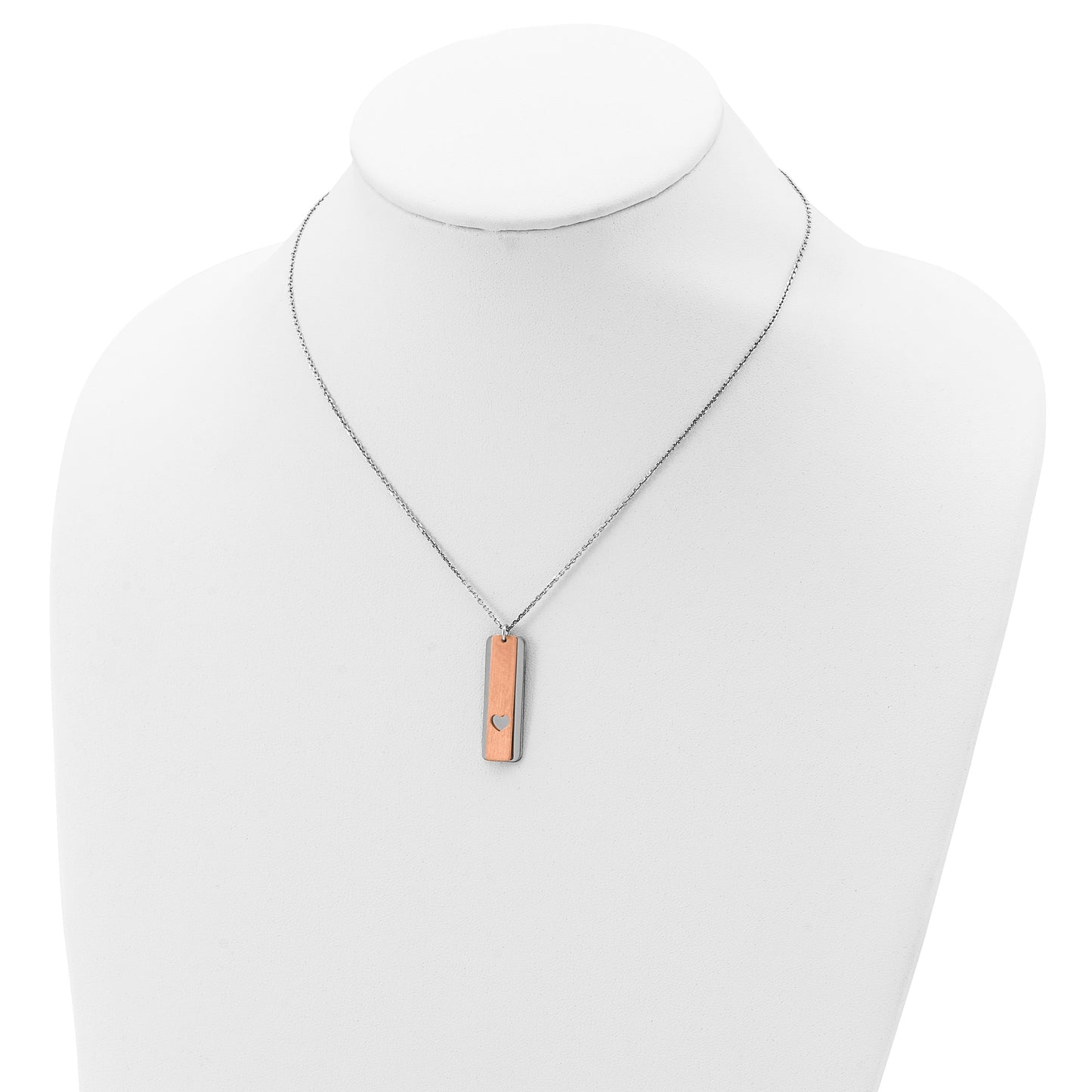 Sterling Silver RH-plated Dogtag w/Rose-tone Heart w/1.25in ext Necklace