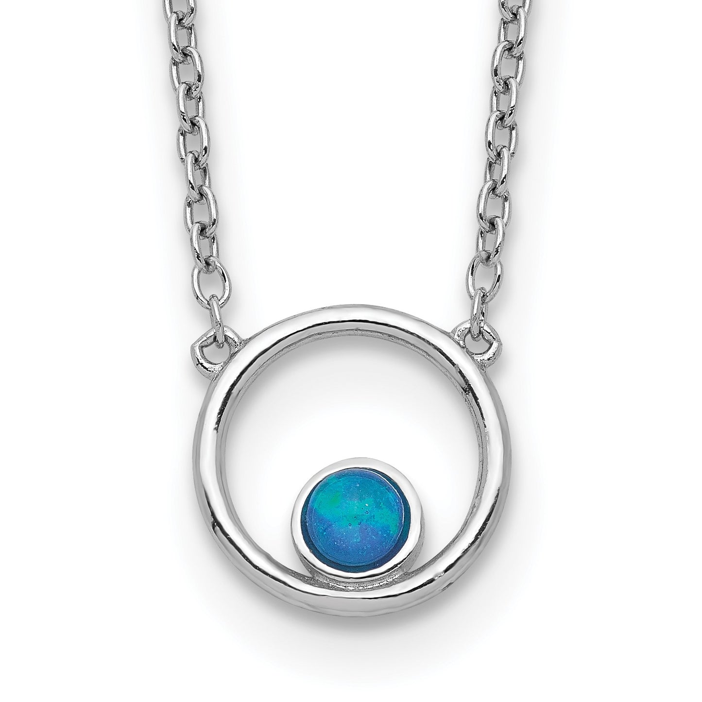 Sterling Silver Rhodium-plated Created Opal Circle w/ 2in ext. Necklace