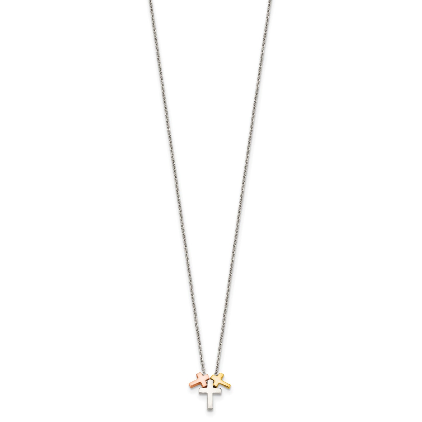 Sterling Silver Rose and Gold-plated 3-Cross w/ 2in ext. Necklace