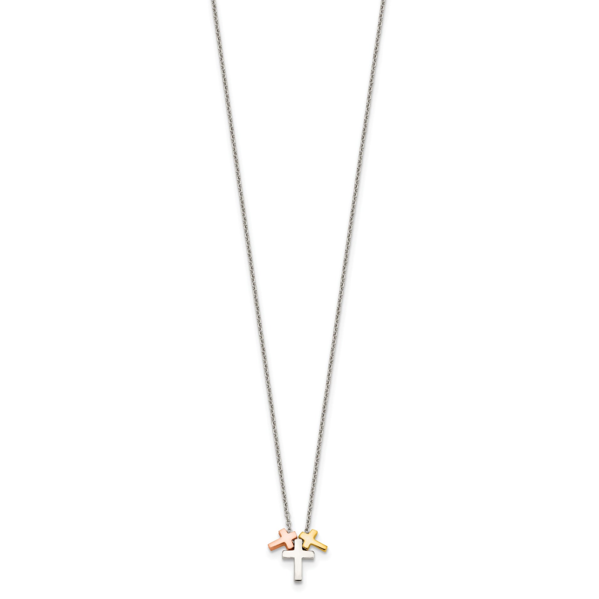 Sterling Silver Rose and Gold-plated 3-Cross w/ 2in ext. Necklace
