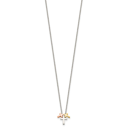 Sterling Silver Rose and Gold-plated 3-Cross w/ 2in ext. Necklace