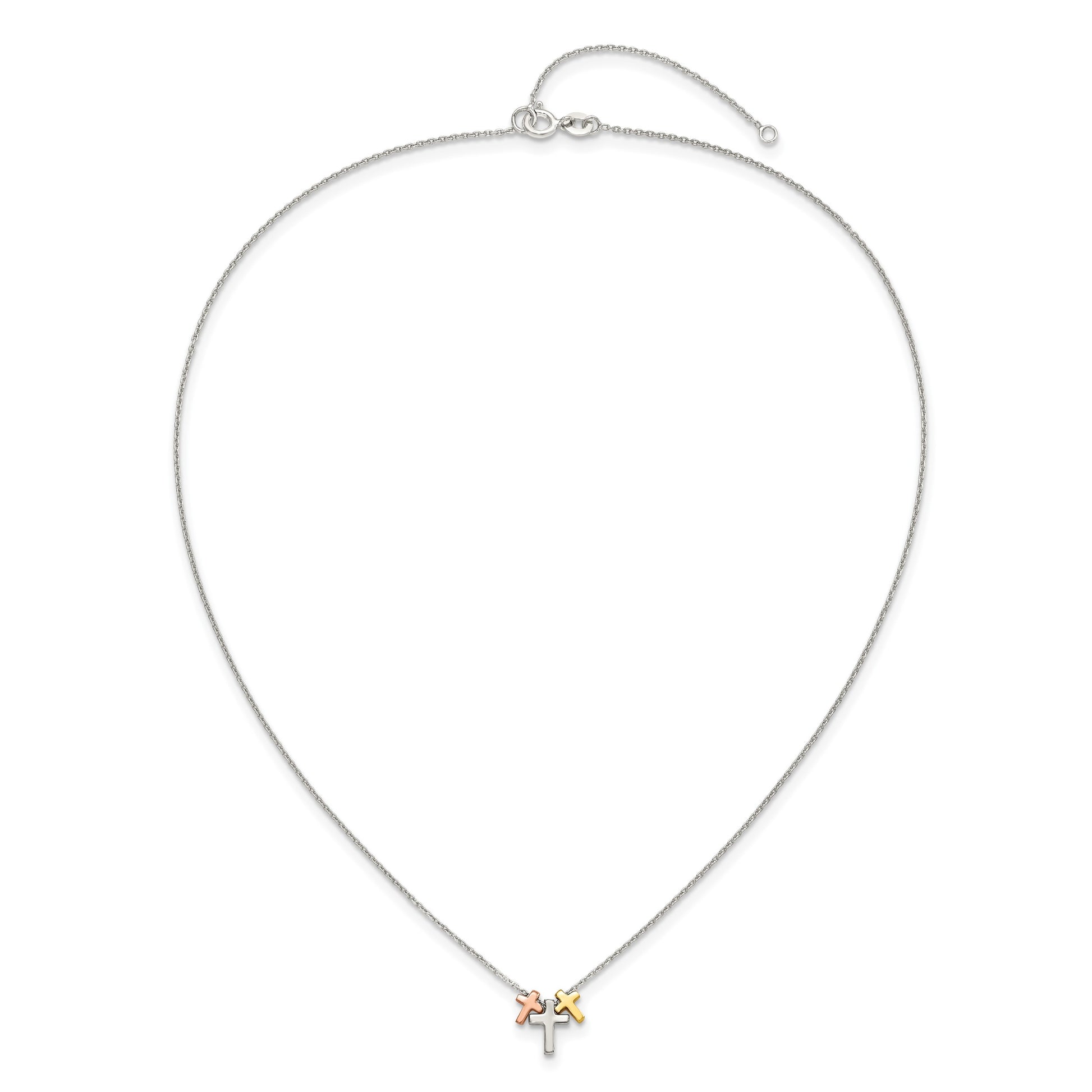 Sterling Silver Rose and Gold-plated 3-Cross w/ 2in ext. Necklace