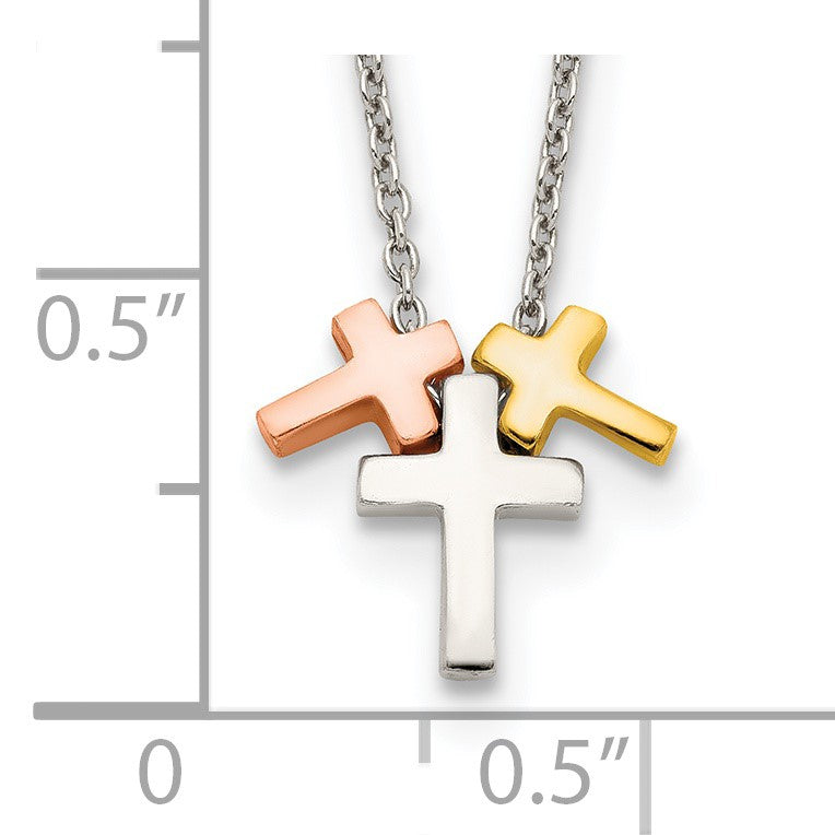 Sterling Silver Rose and Gold-plated 3-Cross w/ 2in ext. Necklace