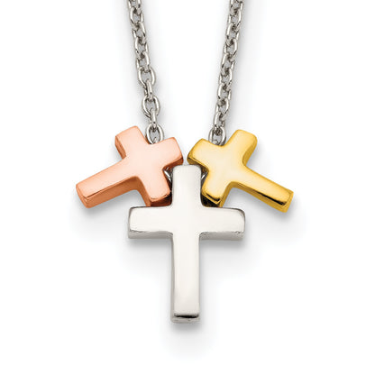 Sterling Silver Rose and Gold-plated 3-Cross w/ 2in ext. Necklace