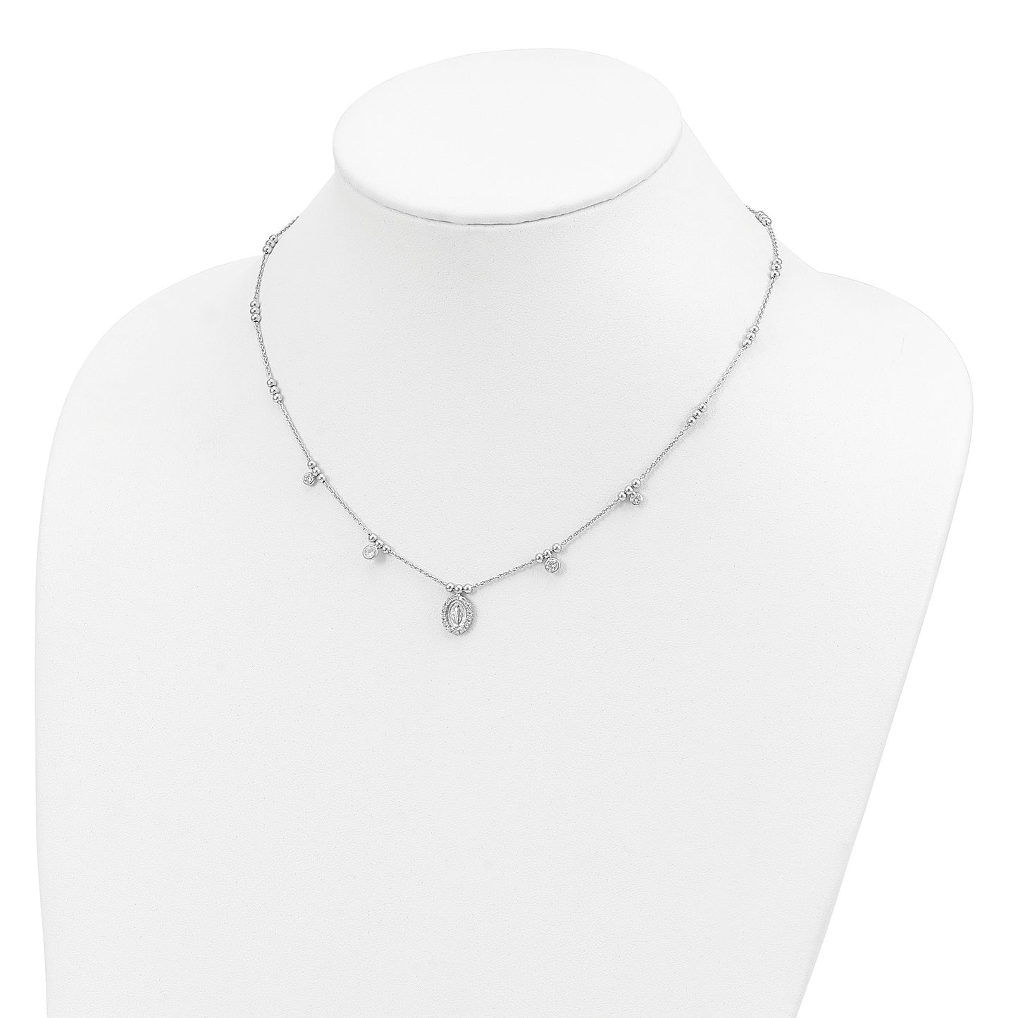 Sterling Silver RH-plated CZ Miraculous Medal w/1.5in ext. Necklace