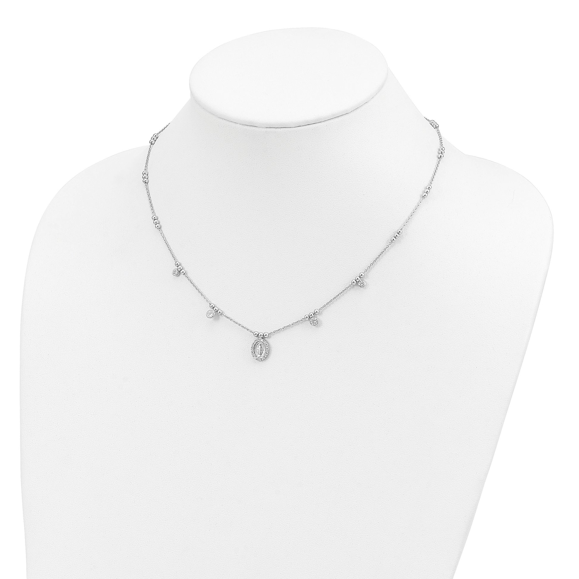 Sterling Silver RH-plated CZ Miraculous Medal w/1.5in ext. Necklace