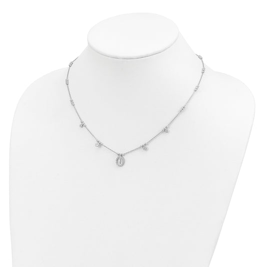 Sterling Silver RH-plated CZ Miraculous Medal w/1.5in ext. Necklace