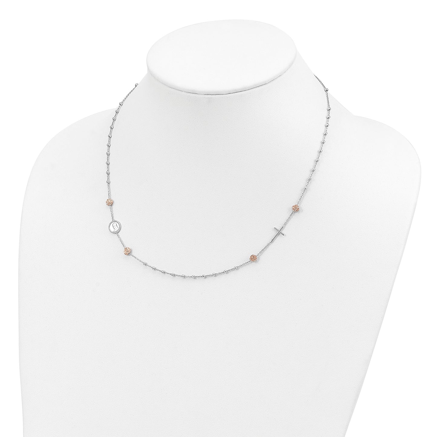 Sterling Silver Beaded with Rose-tone Roses Religious 18 inch Necklace with 1 inch extension