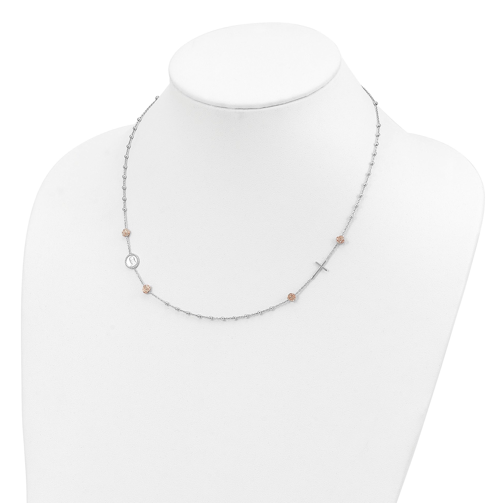 Sterling Silver Beaded with Rose-tone Roses Religious 18 inch Necklace with 1 inch extension
