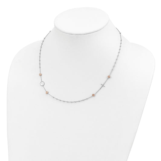 Sterling Silver Beaded with Rose-tone Roses Religious 18 inch Necklace with 1 inch extension