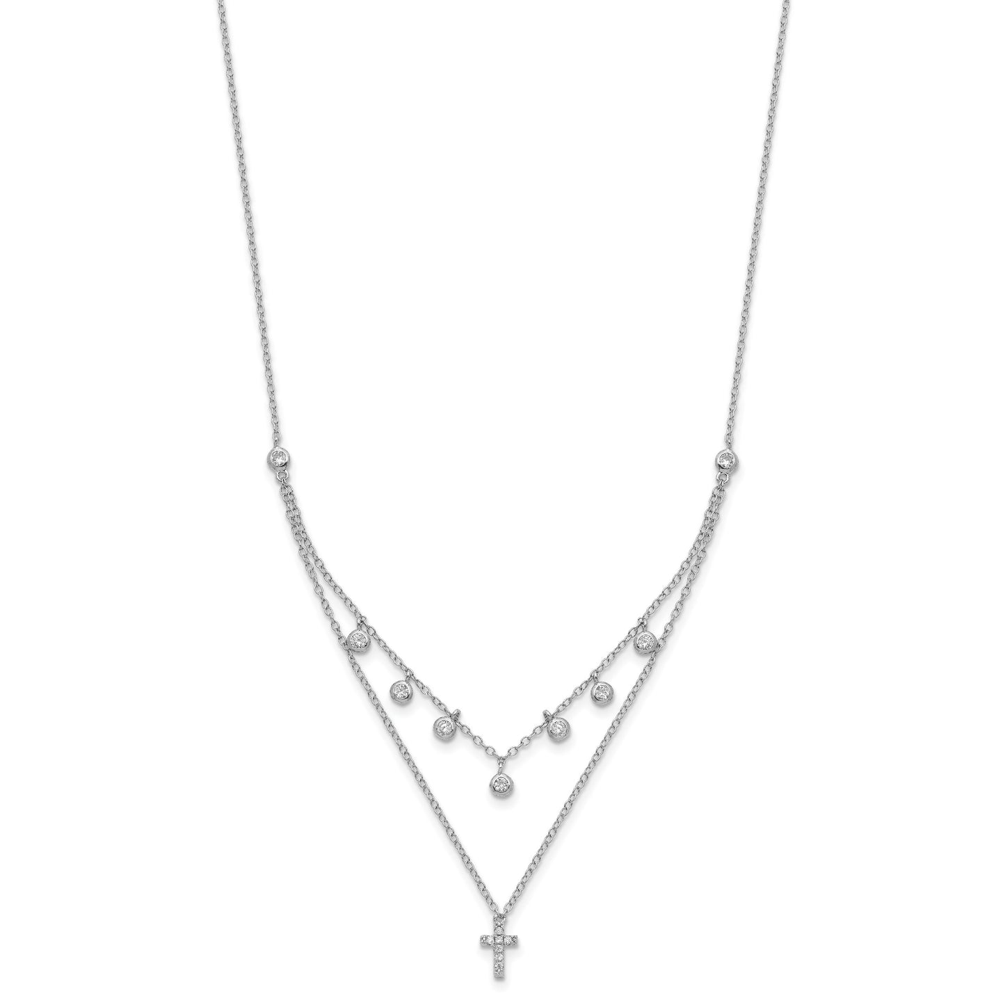 Sterling Silver Rhodium-plated CZ Cross w/ 2in ext. Necklace
