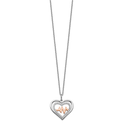 Sterling Silver RH-plated Rose-tone CZ Heartbeat w/2in ext Necklace