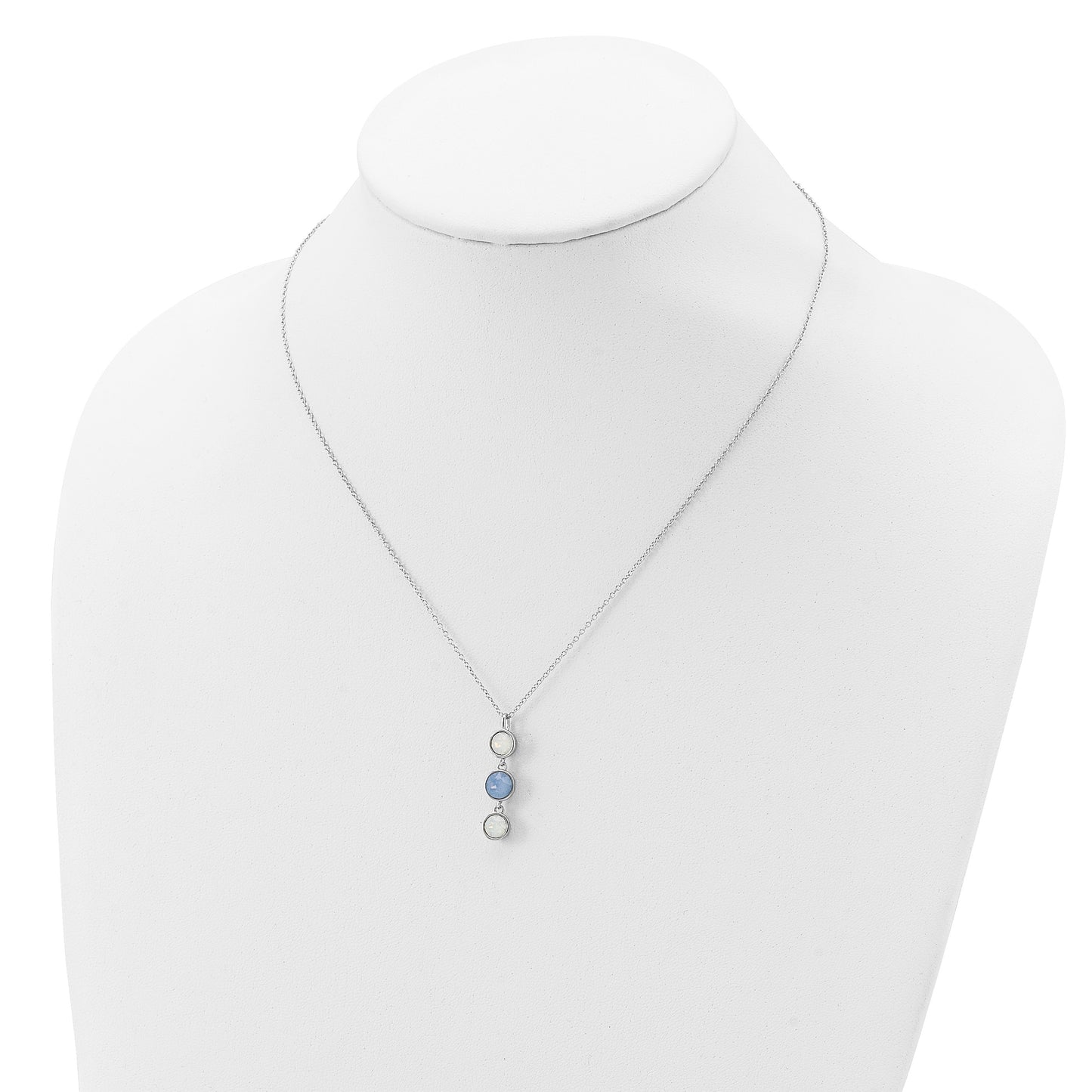 Sterling Silver Rhod-plated Blue and White Crystal w/ 2in ext Necklace