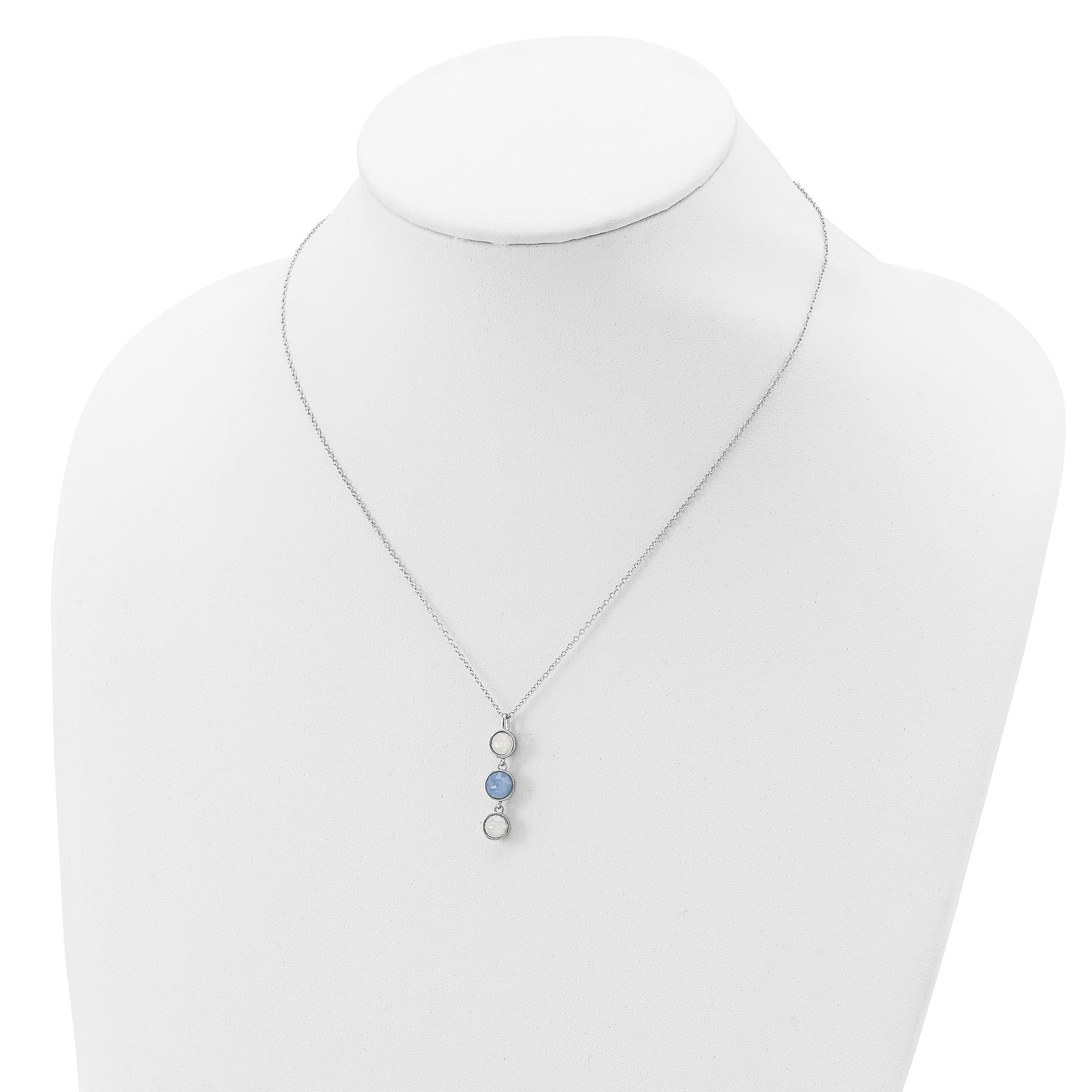 Sterling Silver Rhod-plated Blue and White Crystal w/ 2in ext Necklace