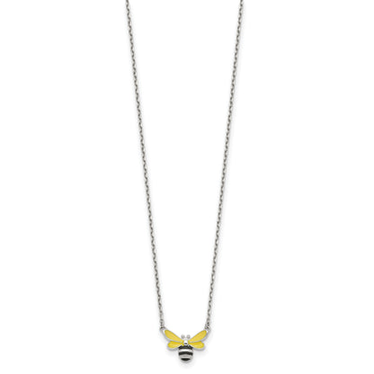 Sterling Silver Polished Yellow & Black Enameled Bumblebee with 2 Inch Extension Children's Necklace