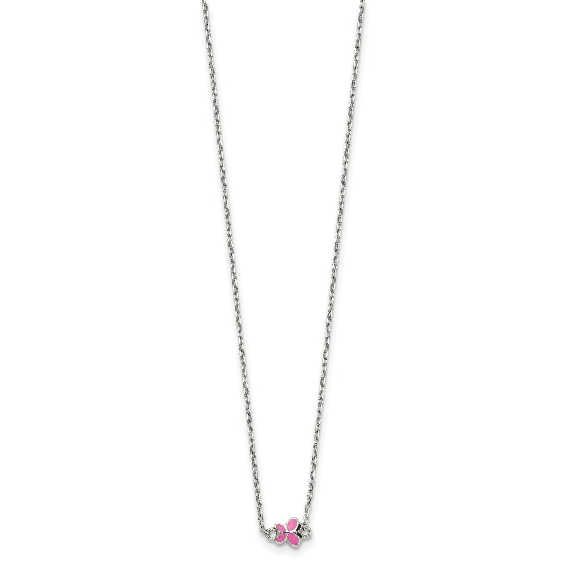 Sterling Silver Polished Pink & Black Enameled Butterfly with 2 Inch Extension Children's Necklace