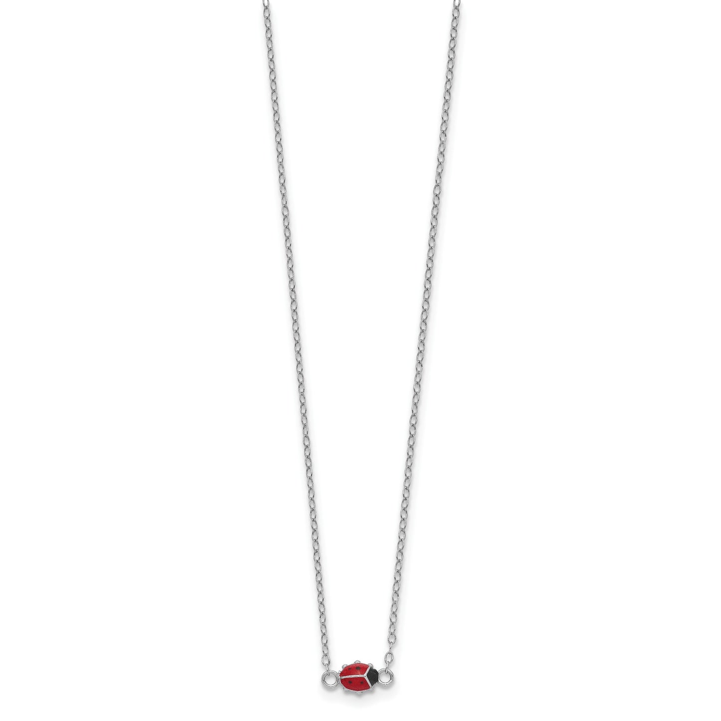 Sterling Silver Polished Red & Black Enameled Ladybug with 2 Inch Extension Children's Necklace