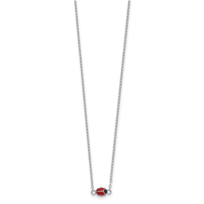 Sterling Silver Polished Red & Black Enameled Ladybug with 2 Inch Extension Children's Necklace