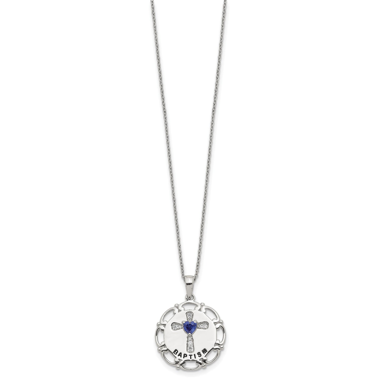 Sterling Silver Enameled Blue & Clear CZ Cross Necklace