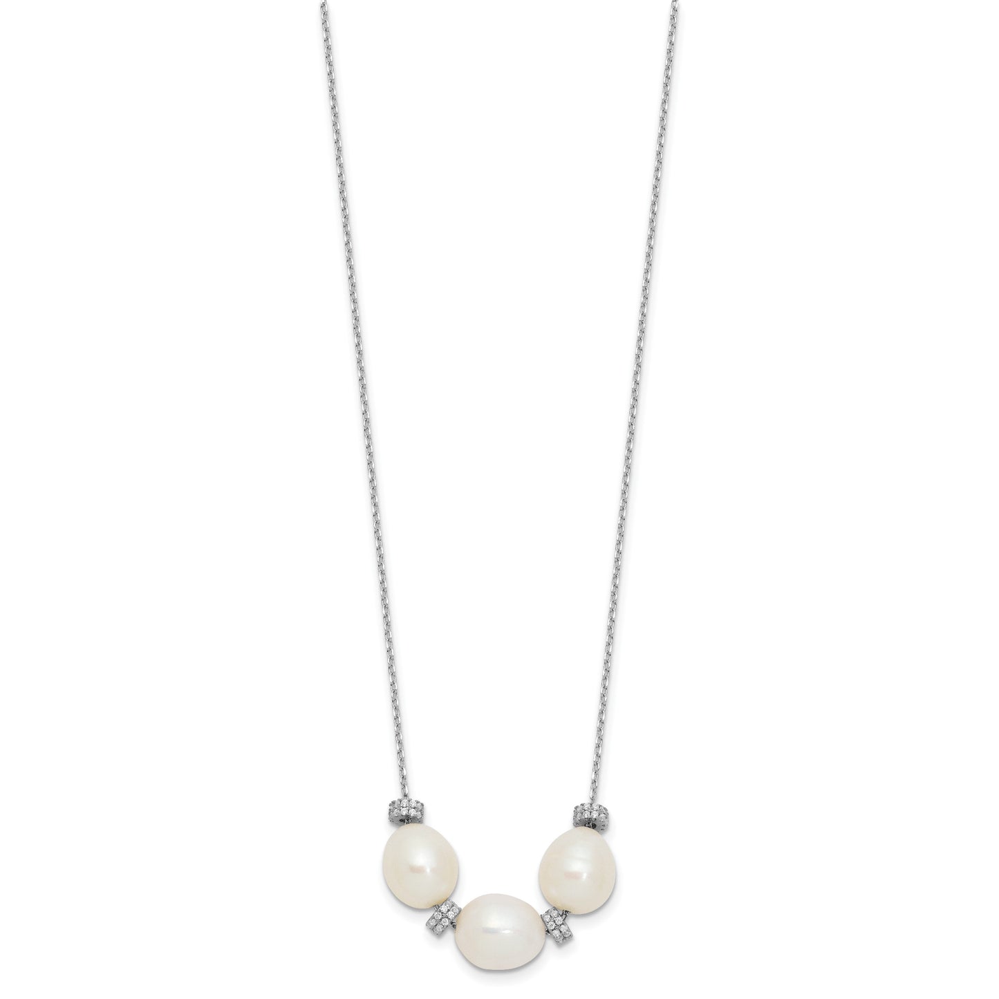 Sterling Silver Rhodium-plated CZ Bead/FWC Pearl w/ 2in ext. Necklace