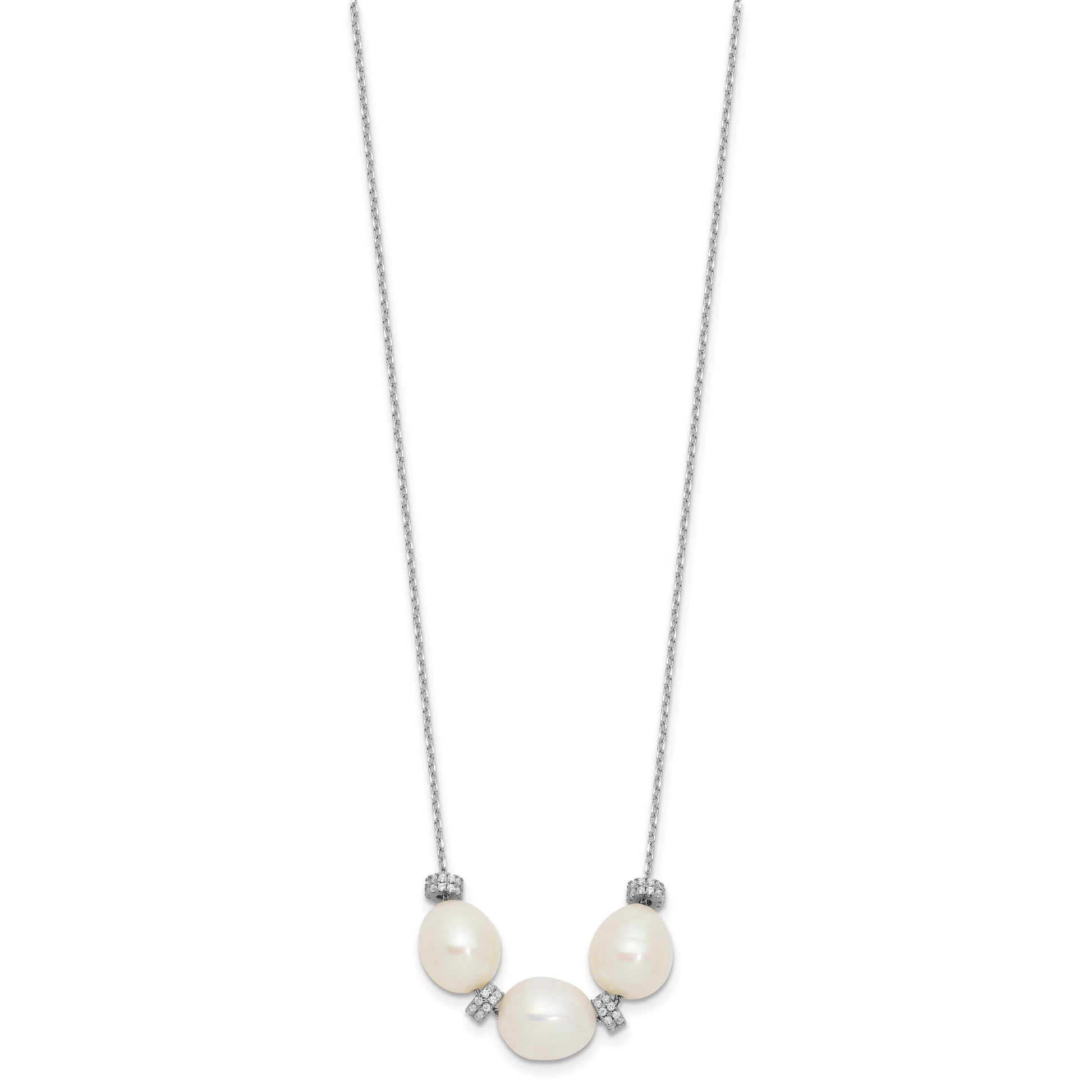 Sterling Silver Rhodium-plated CZ Bead/FWC Pearl w/ 2in ext. Necklace