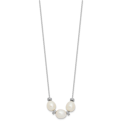 Sterling Silver Rhodium-plated CZ Bead/FWC Pearl w/ 2in ext. Necklace