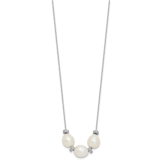 Sterling Silver Rhodium-plated CZ Bead/FWC Pearl w/ 2in ext. Necklace