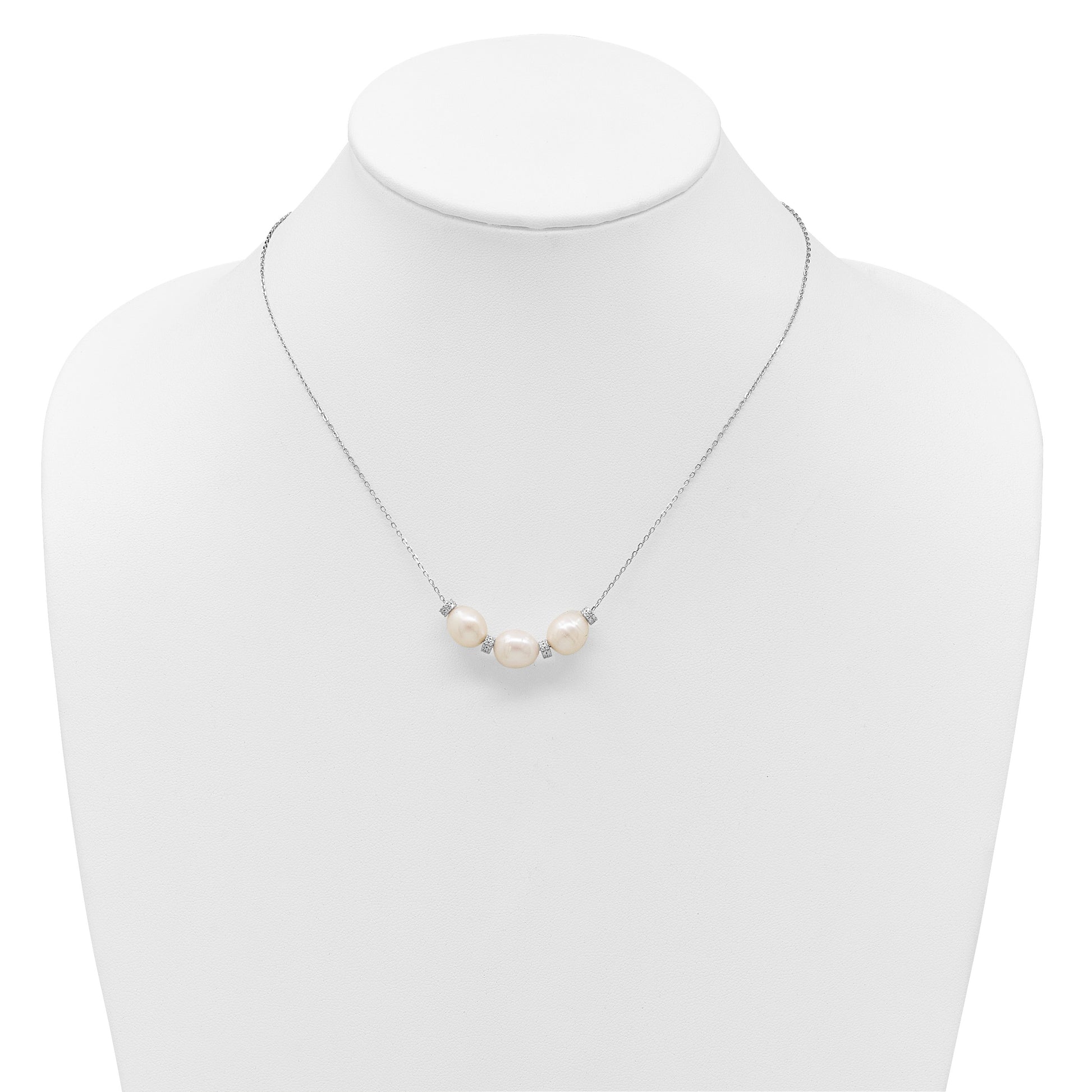 Sterling Silver Rhodium-plated CZ Bead/FWC Pearl w/ 2in ext. Necklace