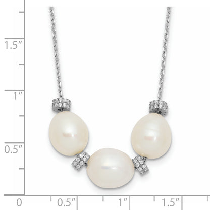 Sterling Silver Rhodium-plated CZ Bead/FWC Pearl w/ 2in ext. Necklace