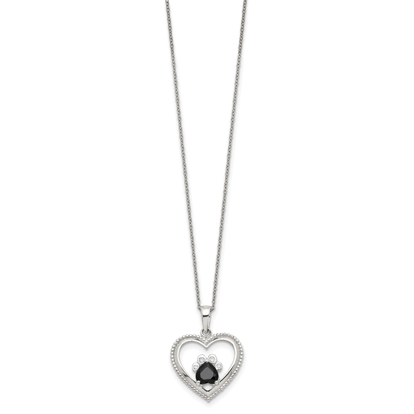Sterling Silver Black and White CZ Heart with Paw Print 18 inch Necklace