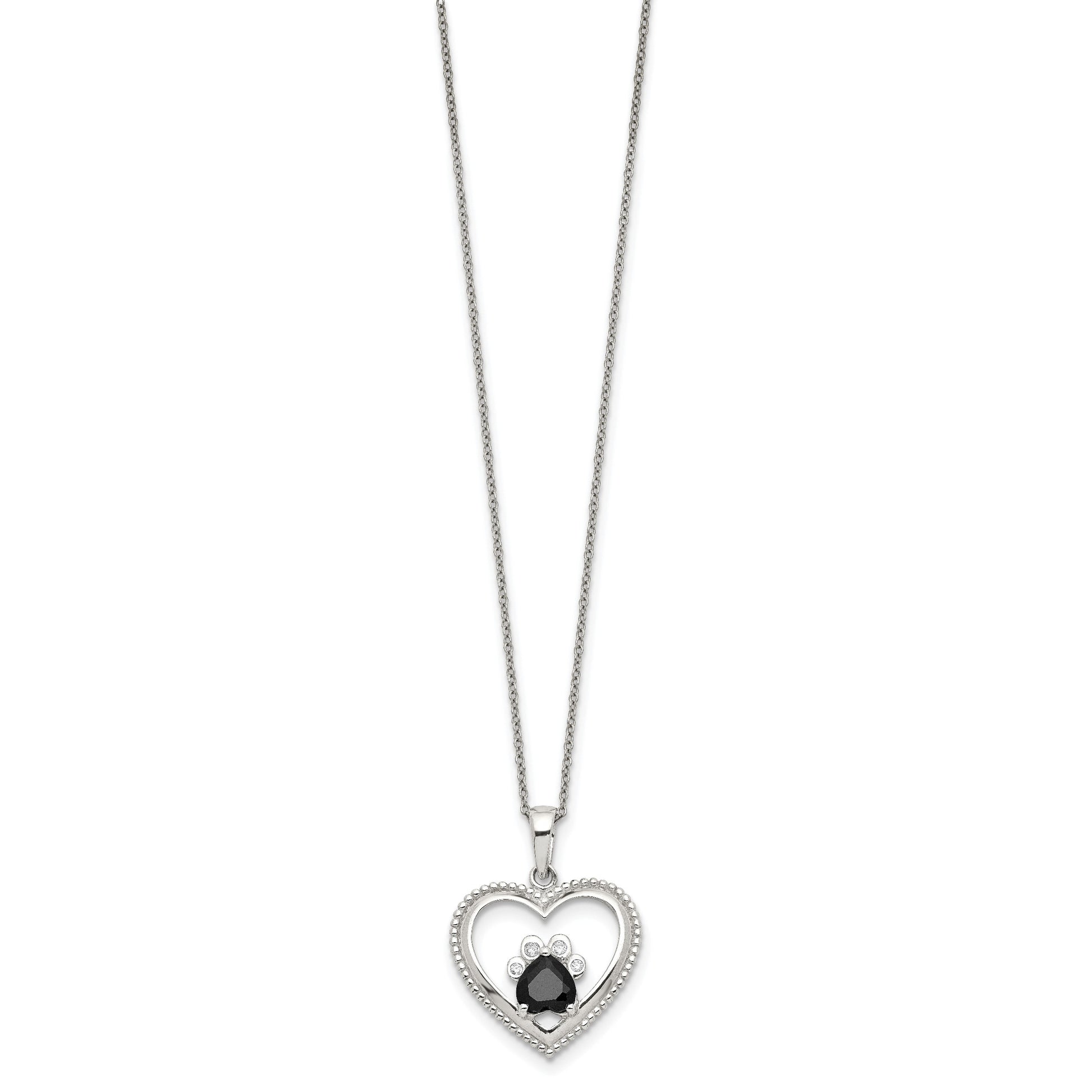 Sterling Silver Black and White CZ Heart with Paw Print 18 inch Necklace