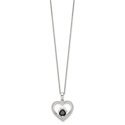 Sterling Silver Black and White CZ Heart with Paw Print 18 inch Necklace