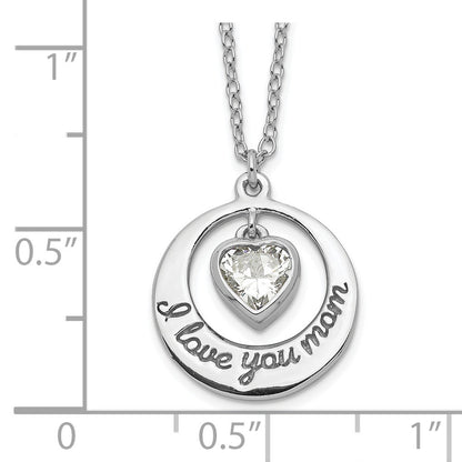 Sterling Silver Rhodium-plated I LOVE YOU MOM with CZ Heart Dangle 15 inch Necklace with 2 inch extension
