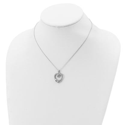 Sterling Silver Rhod-plated Claddagh Heart CZ  W/ 1 in ext.Necklace